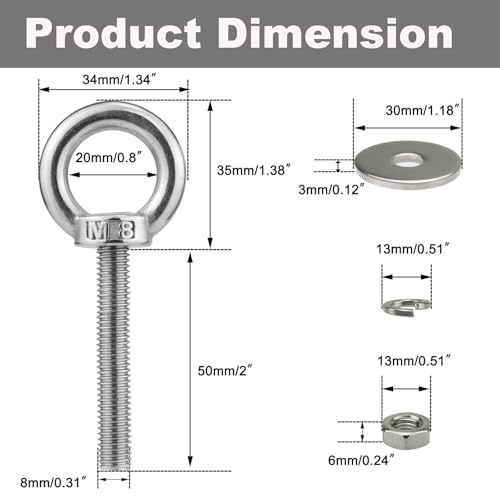 Image of M8 Stainless Steel Eye Bolts with Nuts 4 Pack, M8 x 50mm (5 /16 inch x 2 inch) Long Shoulder Lifting Eye Bolt for Swing Board, Heavy Duty Threaded Ring Screw Eyebolts kits for Tie Down Strap Outdoor
