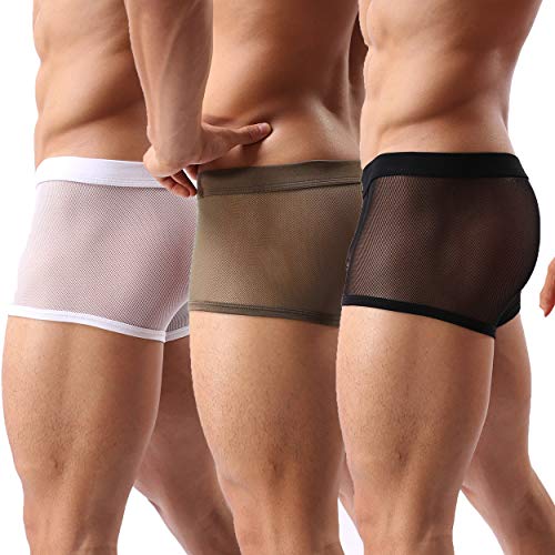 Sheii Mens Boxer Briefs Soft Mesh Breathable Underpants Men's Sexy Underwear Cool Design See-Through Trunks Pack(3pcs,XXL