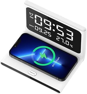 شاحن لاسلكي سريع 15 وات من V Volt مع ساعة منبه ودرجة حرارة متعددة الوظائف - شحن سريع وإضاءة ليلية, شحن متعدد الأجهزة, تصميم عصري ومتين