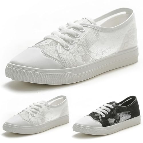 Bkazwe Basket Toile Femme été Baskets Femme Printanières Fleurs Brodées - Tennis Toile Plates Confortable Respirant en Dentelle - Chaussures Lacets...