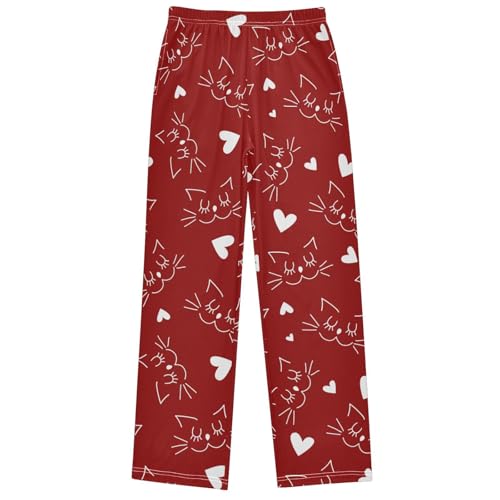 Boy's Pj Pants Valentines Day Cats Lovers Hearts Eyes Lounge Bottoms Elastic Waist Kids Joggers with Pockets 6-14