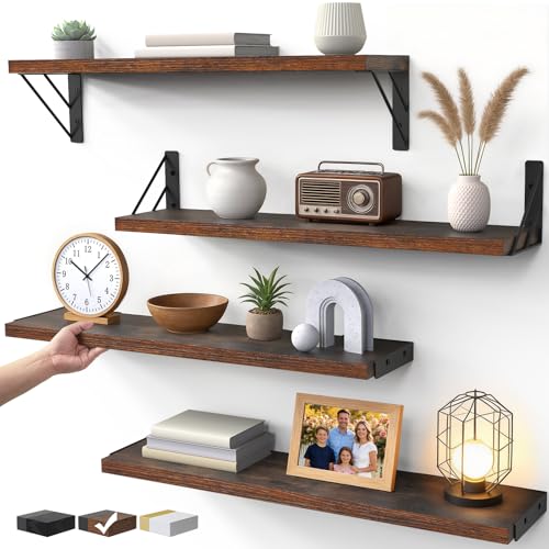 Image of BAYKA Wall Shelves for Bedroom Decor, Floating Shelves for Wall, Display Mounted Rustic Wood Shelf for Books,Plants,Corner Shelves for Bathroom,Kitchen,Living Room(Rustic Brown,23in,Set of 4)