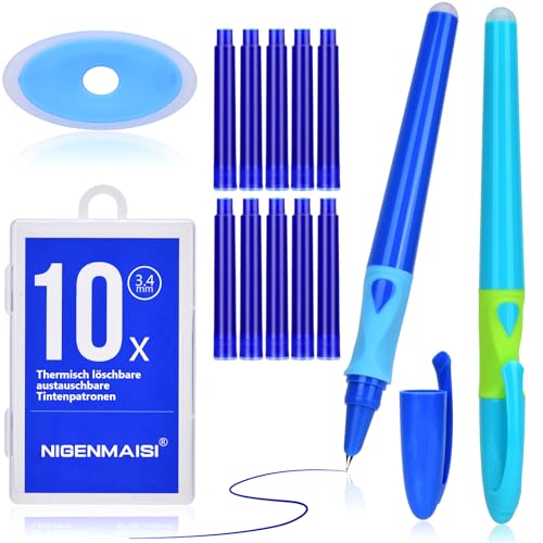 NIGENMAISI Grundschule Radierbarer Füller 2er Set- [ Blaue Radierbare Tinte] Ergonomischer gummierter Griff 10 Patronen kein Tintenkiller nötig geschützte Feder (Blau und Mintgrün Blau)