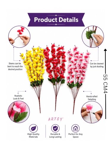 Image of ARTSY Artificial Flowers Bunch for Decoration Cherry Blossom, Ideal for vase, Home, Office Decor, Gifts, Craft, Artificial Plants for Decoration, Without vase, Assorted, Combo, 3 Piece, 55 cm Height