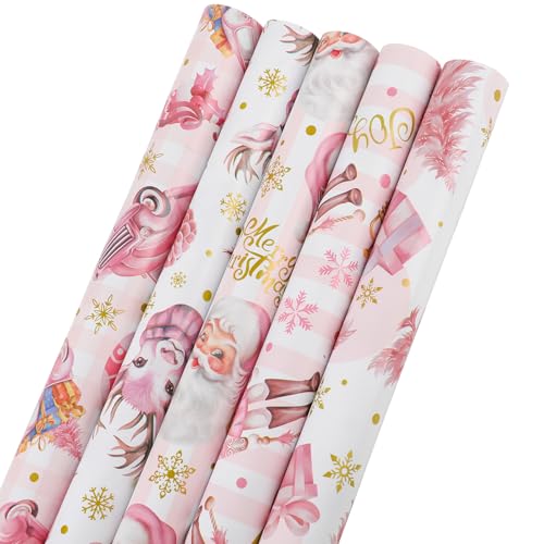 KIMOBER 5 rollos de papel de regalo de Navidad, papel kraft rosa y marrón con elementos de Navidad retro y líneas de corte en el reverso (17 x 118 pulgadas por rollo, estilo retro)