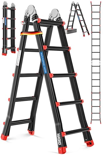 MASKO® Échelle Polyvalente en Aluminium | Pliable | 5,10 m | 4x5 échelons | Charge maximale 150 kg | Pieds antidérapants | échelle Portable | échelle Double | Noir Rouge
