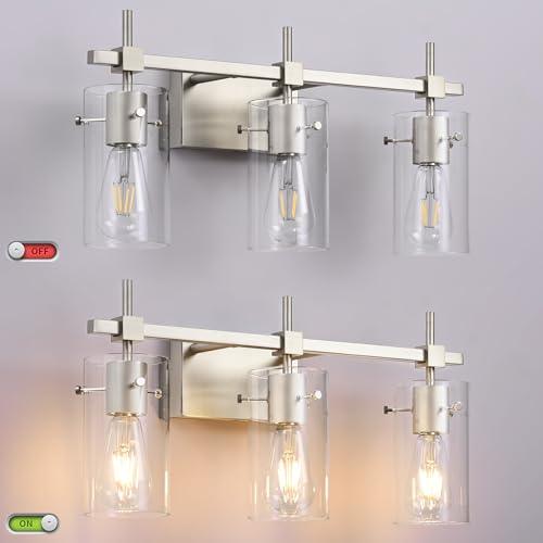 Image of SOLFART 3 Lights Vanity Light Bathroom Light Fixture Over Mirror for Bathroom Glass Shade Lights Brushed Nickel Vintage Lighting Fixture