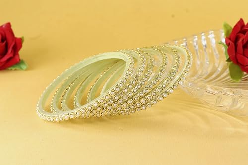 Image of NMII Glass Golden Beads & Pearls Moti Work Designer Bangles Set For Women & Girls | Kanch ki Chudi Set | Girl's Bangles Bracelet | Glass Bangles | Daily, Wedding, Party, Fashion Jewellery- Set of 12