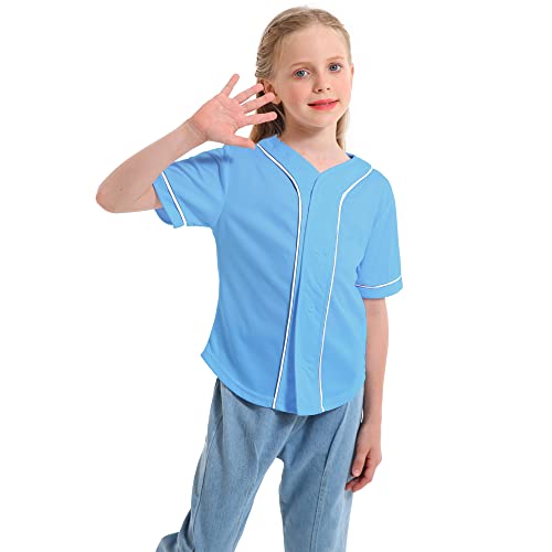 Mowbeat Boys Baseball Jersey Kids Short Sleeve Girls Hip Hop T Shirts Toddler Sport Button Down Jersey Shirt (Baby Blue,2T,2 Years)