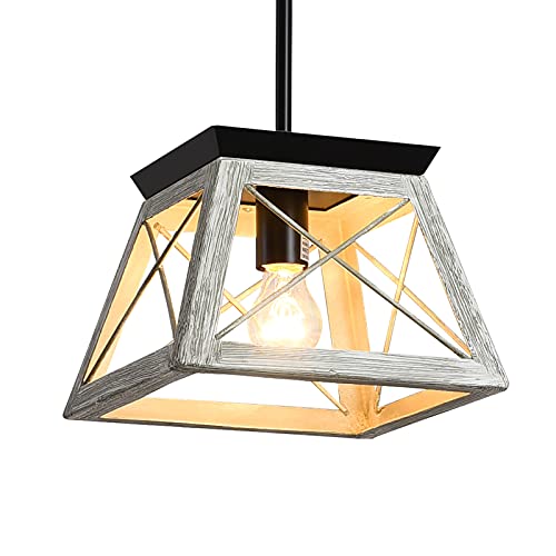 Up To 50% OFF PUSU Farmhouse Pendant Light,Vintage Farmhouse Chandelier, Metal White Wooden Grain Finish Hanging Light Fixture for Dining Room Foyer Kitchen Island