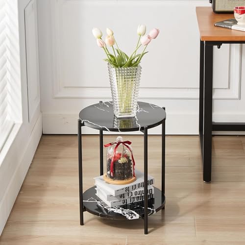 Image of Round End Table 2-Tier Side End Table with White Marble Top，Bedside Table for Living Room or Bedroom, Modern Accent Table with Metal Frame (Black)