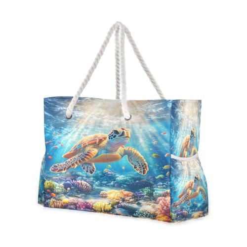 Large Beach Bags Totes Canvas Tote Shoulder Bag Coral Sea Turtle Water Resistant Bags for Gym Travel Daily