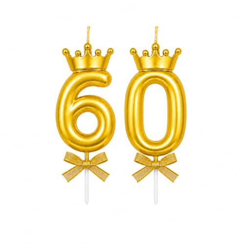Image of Gold Number 60 Birthday Candle Set with Crown | Metallic Cake Topper Candles for 60th Birthday, Anniversary Celebration | Party Decoration Candles, 2 pcs