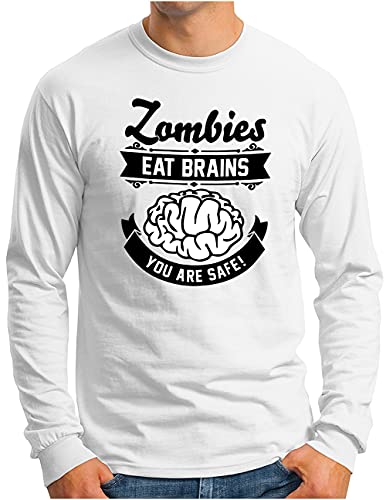 T-shirt manches longues imprimé amusant OM3 Zombies-Eat-Brains blanc