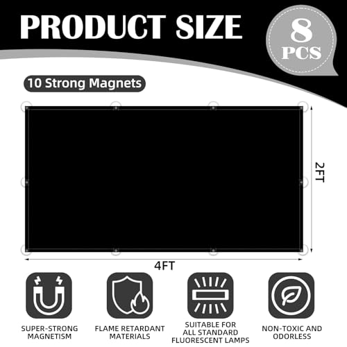 Image of ANGSYLTH 8 Pcs Fluorescent Light Covers - 4 x 2 Feet Covers for Ceiling Lights, 8 x 10 Magnetic Light Filters for Classroom, Office, Hospitals (Black)
