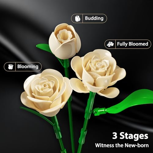 Image of PLAXSOON Flowers Bouquet Building Set with Lights for Adults Girls 8+ | 16 Champagne White Roses Botanical Collection Building Blocks, Artificial Flower Gift for Her Home Decor(523PCS)
