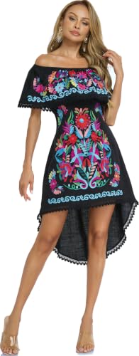 Image of YZXDORWJ Women's Mexican Asymmetrical Dress Embroidered Floral Off-Shoulder Cocktail Latina Fiesta Dress