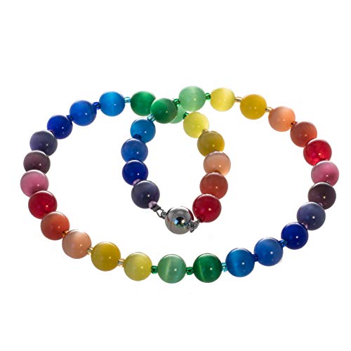 Preisvergleich Produktbild Bella Carina Regenbogen Kette mit Katzenaugen Glasperlen Perlenkette, Edelstahl Magnetverschluss (45)