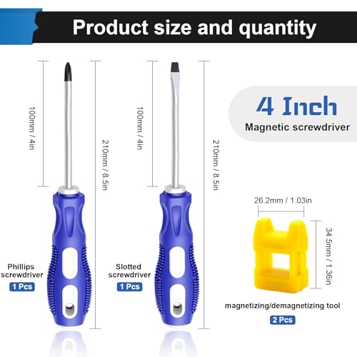 Image of smseace 2-Pack 4 Inch Slotted & Phillips Screwdriver Set, Long Phillips & Flat Head Magnetic Screwdriver with Rubber Handle include Magnetizer Demagnetizer