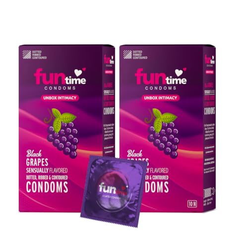 Image of Funtime Black Grapes Flavoured Dotted Condoms Pack of 2 (10pcs each) | Ribbed & Contoured Condoms for Higher Pleasure | Made With Natural Rubber Latex | Lubricated for More Excitement & Satisfaction