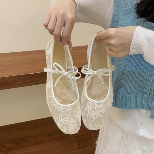 Lace Ballet Flats for Women, Ballet Flats with Strap, Pink Elegant Square Mesh for Girls, Comfortable Party2