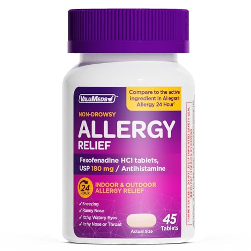 ValuMeds 24-Hour Allergy Relief Fexofenadine Hydrochloride 180mg | Non-Drowsy Antihistamine Generic Medicine for Allergies, Hay Fever, Itchy Eyes for Kids, Adults | Compare to Allegra (45-Count)