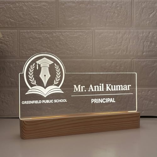 Image of Customised Acrylic Desk Name Lamp for Principal | Custom LED Light with School College Logo | Best Birthday Rakhi New Joining Office Gift for Vice Principal, Headmaster, Headmistress, School Director Admin Teacher (10 x 6 inch) (For Principal)