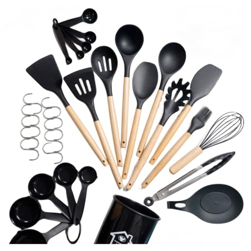 Bahati キッチンツール セット 調理器具 33点セット 一人暮らし 台所用品 新居祝い 母の日プレゼント 高耐熱性 S字フック 耐久性 木製ハンドル 和洋中料理に適用 抗菌 傷つかない フライ返し おたま トング スプーンなど オシャレ配色