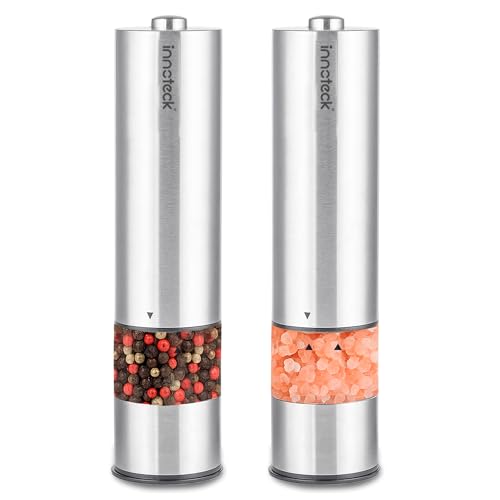 Innoteck Essentials Electric Salt and Pepper Mill Set - Battery-Operated Stainless-Steel Pepper Mill with Light - One Touch Operation - Salt & Pepper Mills - Adjustable Coarseness - Ceramic Grinder
