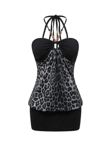 Image of Verdusa Women's Cheetah Print Y2K Dress Halter Bodycon Mini Party Dresses