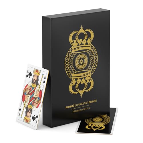 Romme 100% Kunststoff Kartenpiel - wasserfest und abwaschbar für Canasta, Bridge, Poker, Mau Mau mit klassisch französischem Bild, Plastik (Gold Edition)