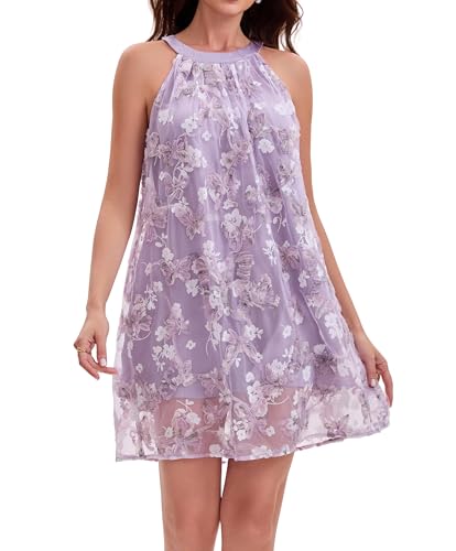 Womens Halter Butterfly Embroidered Tulle Mini Dress A-Line Swing Floral Fairycore Party Wedding Guest Dress (US Alpha Medium Regular Regular Purple)
