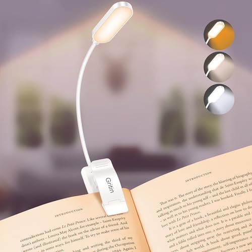 Gritin 16 LED Rechargeable Book Light for Reading in Bed- Eye Caring 3 Color Temperatures, Stepless Dimming Brightness, 80 Hrs Runtime, Lightweight Flexible Clip on Light for Book Lovers-White
