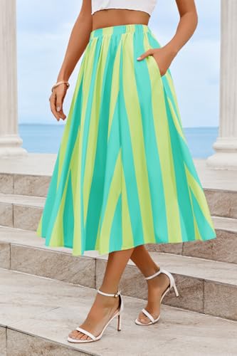Image of Cicy Bell Womens Summer Striped Maxi Skirts A-Line Beach Vacation Outfits | Elastic Waist, Side Pockets, Flowy, Midi Length, Color Contrast, Trendy Casual