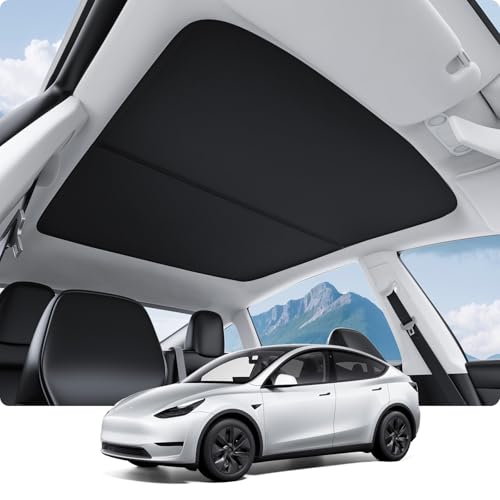 Image of BASENOR 2024-2020 Tesla Model Y Sunshade Roof, [Nano Ice-Crystal Coatings] Heat Insulation Glass Roof Shade, Top Window Retractable Sun Protection, Sunroof Blocking Cover Black