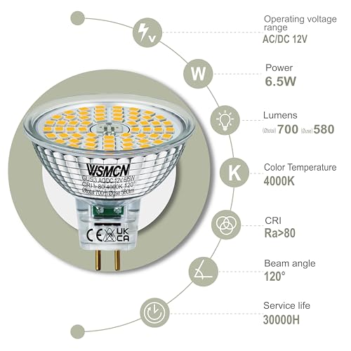 WSMCN MR16 GU5.3 LED Light Bulbs, Neutral White 4000K, 6.5W LED 60W Halogen Equivalent, Bi-Pin Base 12V 700LM, Non Dimmable - Image 2