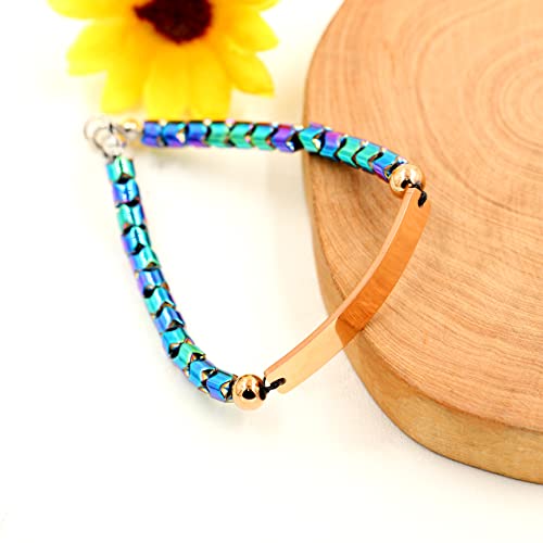 Customize Engrave Name Bracelet - Rainbow Hematite Stone Beads Stainless Steel Chain Bracelet - Personalized Name Id Rose Gold Color Plate Bracelet For Women Men Y1904 #TOP2