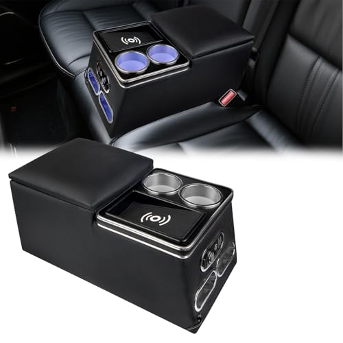 QBselecar Universal Center Console Organizer with Inductive Wireless Charging Phone Holder, Fast Charging, Cup Holder, Truck, and Van, Back Bench Seat Armrest Middle Storage Box