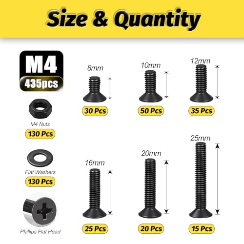 Image of KADRICK 435Pcs M4 Countersunk Screws,M4 Flat Head Screws,Phillips Bolts Nuts Washers Assortment Kit,Zinc Plated,Lenth of 8MM-25MM