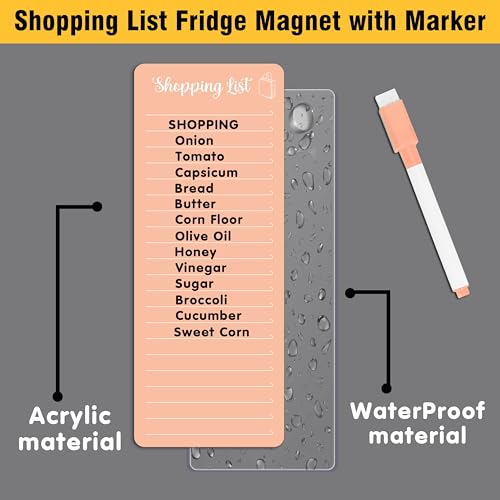 Image of Clickedin Magnetic Shopping List Grocery Fridge Magnet, 10x24 cm Acrylic Board with Marker (Papaya Orange)
