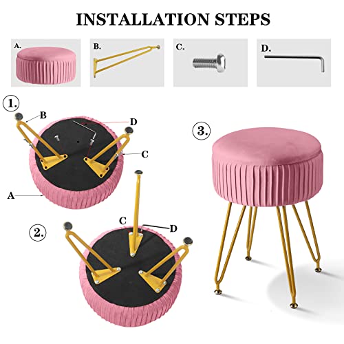 Ecomex Velvet Round Storage Ottoman With Metal Legs, Removable Tray Cover, Upholstered Pleated Round Ottoman With Storage Round Footstool Makeup Vanity Stool For Home Living Room Bedroom, Pink #TOP5