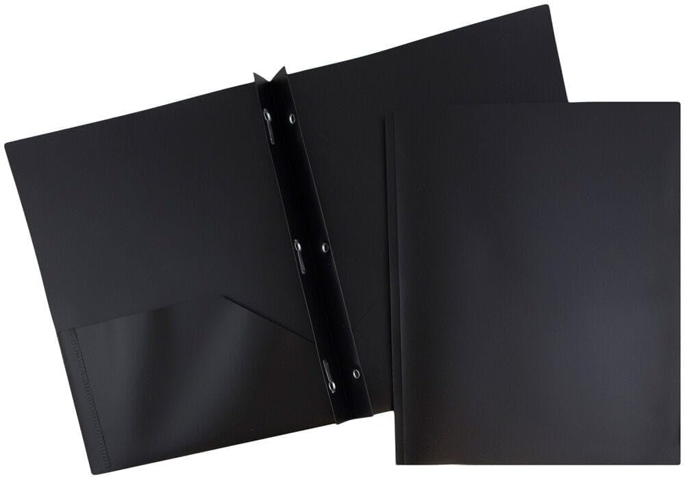 JAM PAPER Plastic 2 Pocket POP Folders - Durable School Folders with Metal Prongs Fastener Clasps - Black - Bulk 48/Pack