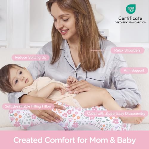 Image of Little Grape Land Nursing Pillow for Breastfeeding, Ergonomic Feeding Pillow with Removable Cover, Baby Feeding Pillow with Hidden Zipper Guard and Supportive Breathable Filling, Floral, Original