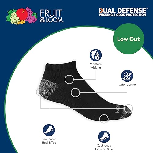 Fruit of the Loom Men's Dual Defense Low Cut Socks 12 Pair, black/Grey, Shoe Size: 6-12 - Afbeelding 4