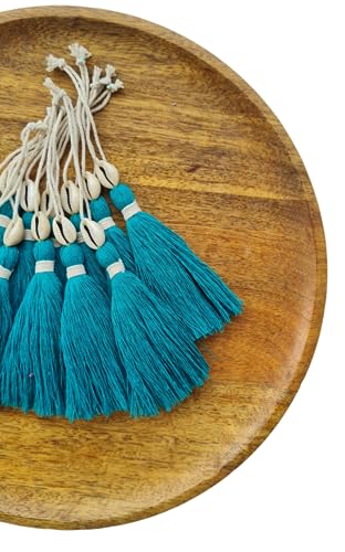 Image of Zippy Flora Handmade Cotton Tassels with Cowrie Shells for DIY & Crafts Project, Pack of 10 (Aqua Blue)