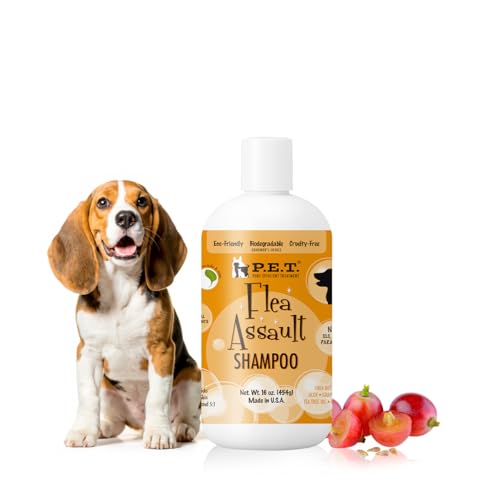 P.E.T. Flea Assault Pear Pomegranate Shampoo for Dogs & Cats — Deep-Cleansing & Deodorizing Formula — Soothes Skin, Hydrates & Adds Shine — Sulfate-Free, pH-Balanced, Hypoallergenic — 16 oz