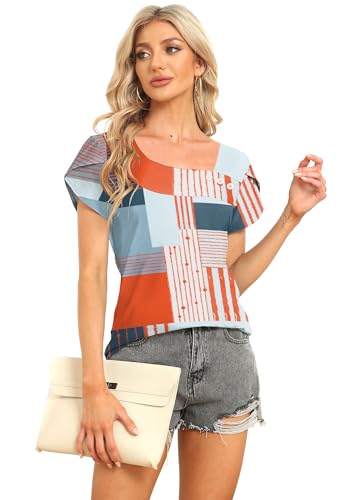 Image of Womens Petal Sleeve Tops Summer Trendy T Shirt Casual Loose Square Neck Button Blouse Tees