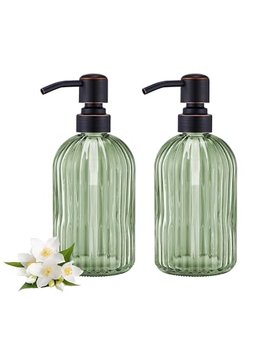 Image of 16Oz Green Glass Soap Dispenser with Rust Proof Bronze Stainless Steel Pump, Green Countertop Refillable Liquid Lotion Dispensers with Stainless Steel Pump, Oil Rubbed Bronze Soap Dispenser,2 Packs