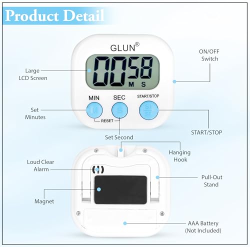 Image of GLUN Digital Kitchen Timer for Cooking, Pack of 1 Big & Clear Digits, Loud Alarm, Magnetic Back, Timer for Baking, Creating Food, White Body & Blue Buttons (Random Color)