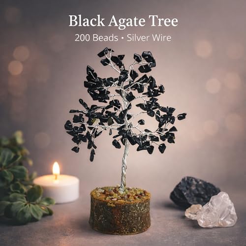 Image of REMEDYWALA Charged Energized Black Agate Crystal Tree for Reiki Healing, Black Agate Stone Tree Showpiece for Good Luck Home Decor, Beautiful Crystal Tree, 200 Beads